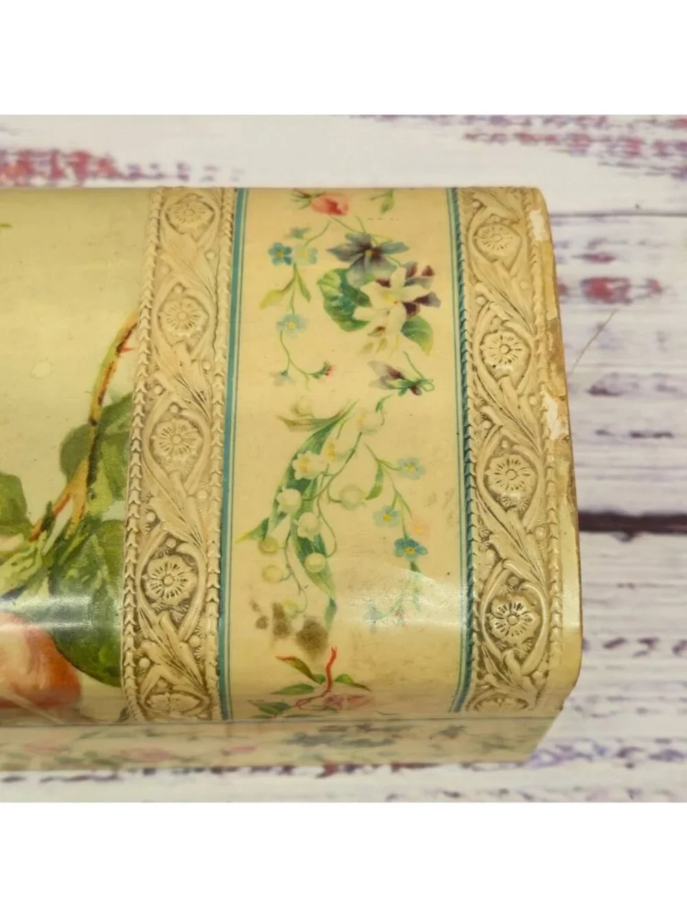 Antique Victorian Celluloid Glove Box Floral & Winter Lithograph Ornate Lock